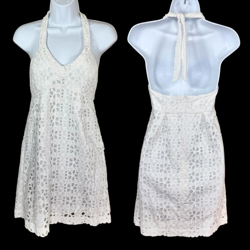 Tori Richard White Eyelet Open Back Halter Mini Dress 0